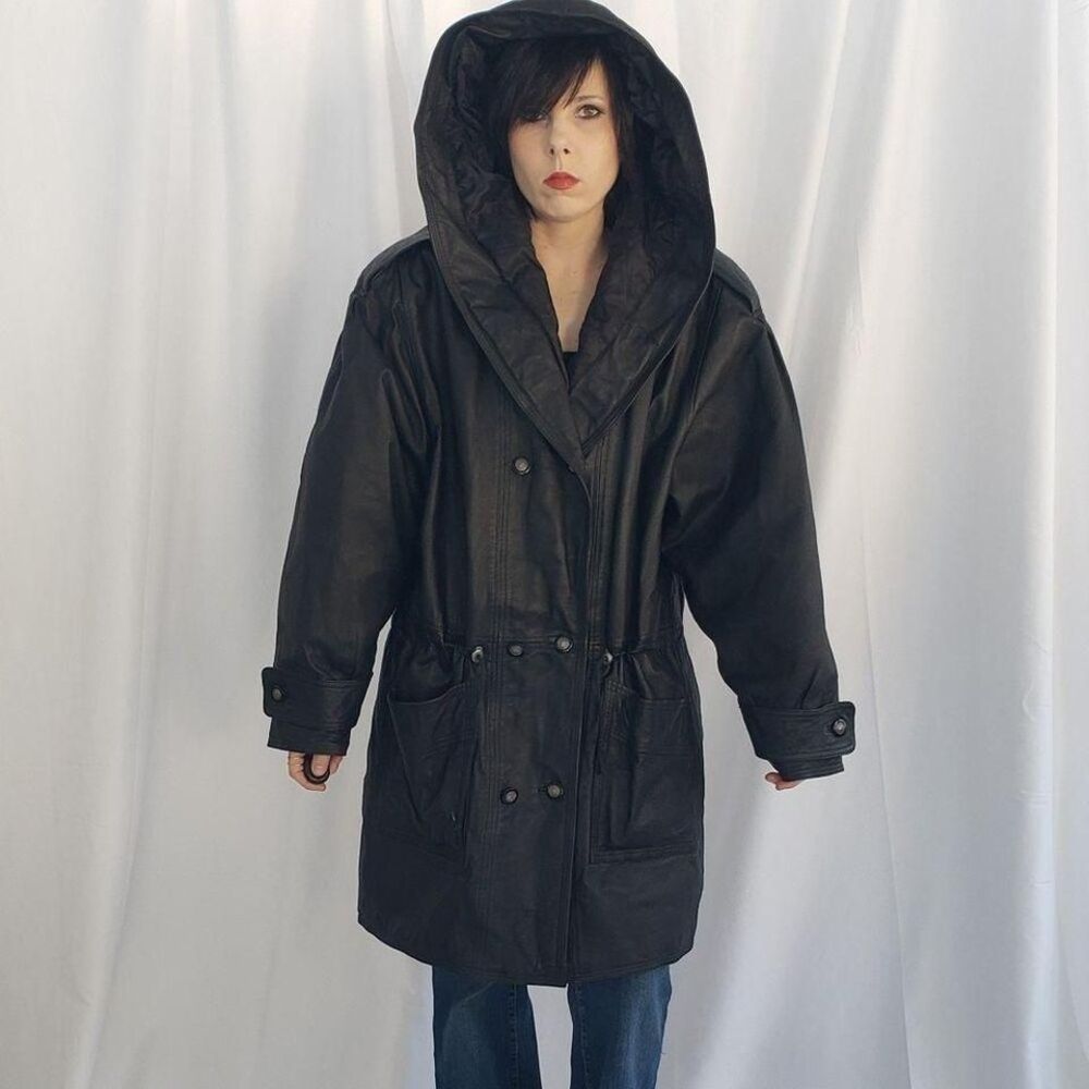 90s Black Leather Hooded‎ Trench Coat
